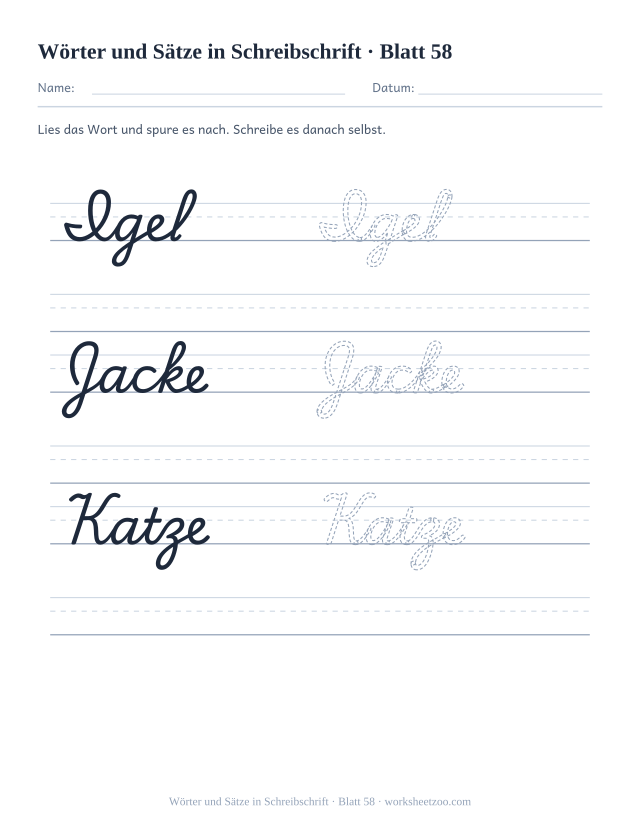 Vorschau: Wörter und Sätze in Schreibschrift, druckbares Arbeitsblatt 58
