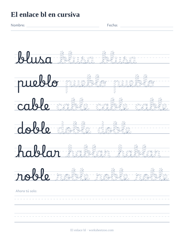 Ficha del enlace bl en cursiva: blusa, pueblo, cable, doble, hablar y roble