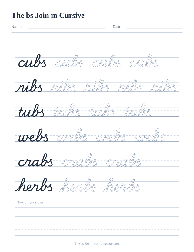 Cursive bs join worksheet, trace cubs, ribs, tubs, webs, crabs and herbs