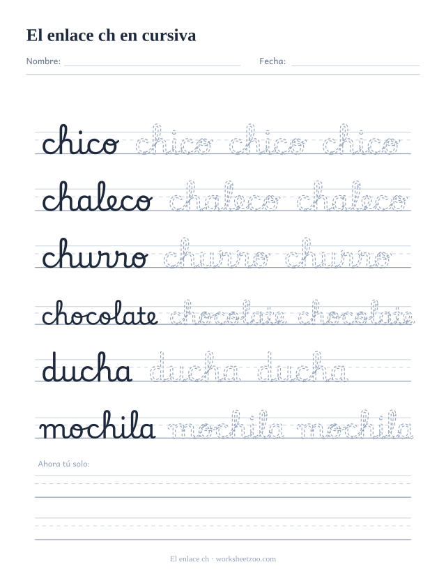 Ficha del enlace ch en cursiva: chico, chaleco, churro, chocolate, ducha y mochila