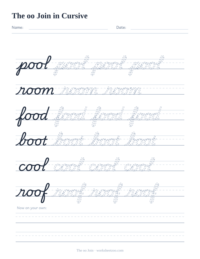 Cursive oo join worksheet, trace pool, room, food, boot, cool and roof