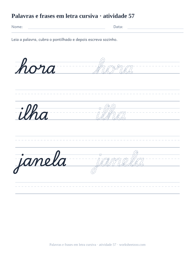 Prévia de Palavras e frases em letra cursiva, atividade 57 para imprimir
