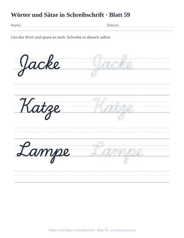 Vorschau: Wörter und Sätze in Schreibschrift, druckbares Arbeitsblatt 59