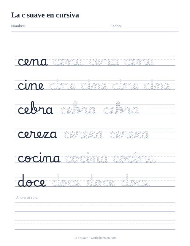 Ficha de la c suave en cursiva: cena, cine, cebra, cereza, cocina y doce