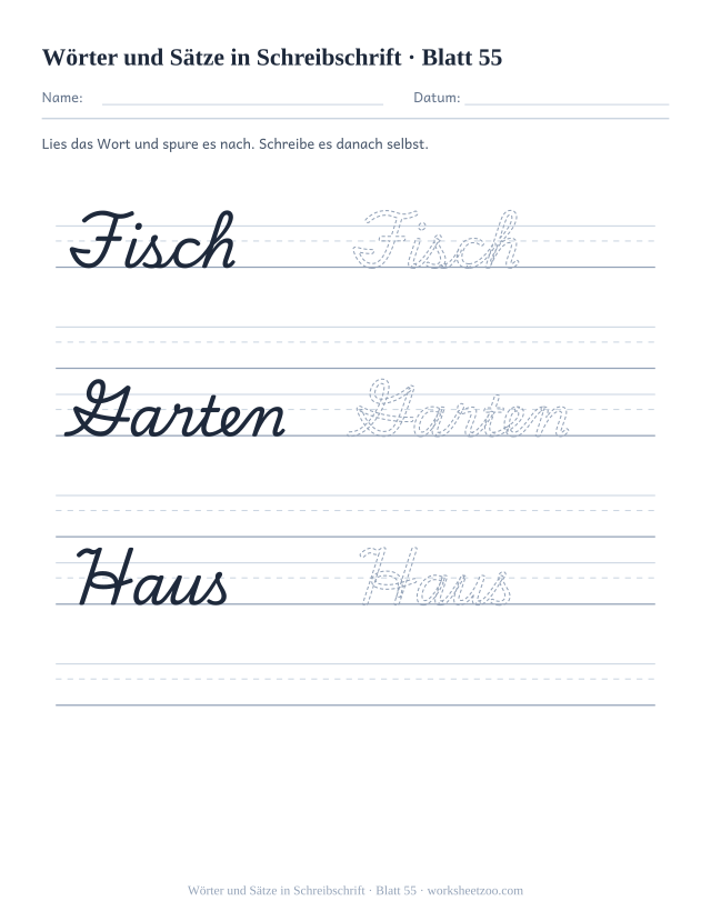 Vorschau: Wörter und Sätze in Schreibschrift, druckbares Arbeitsblatt 55