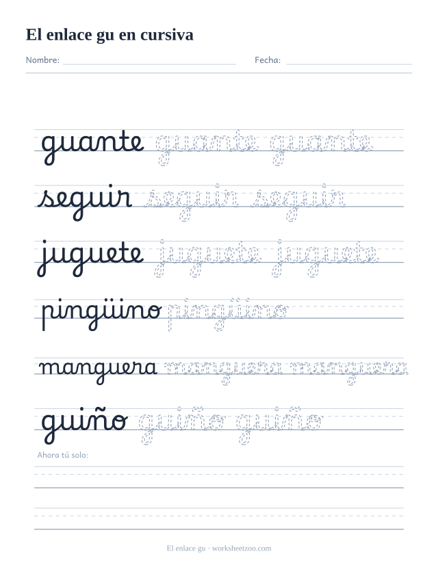 Ficha del enlace gu en cursiva: guante, seguir, juguete, pingüino, manguera y guiño