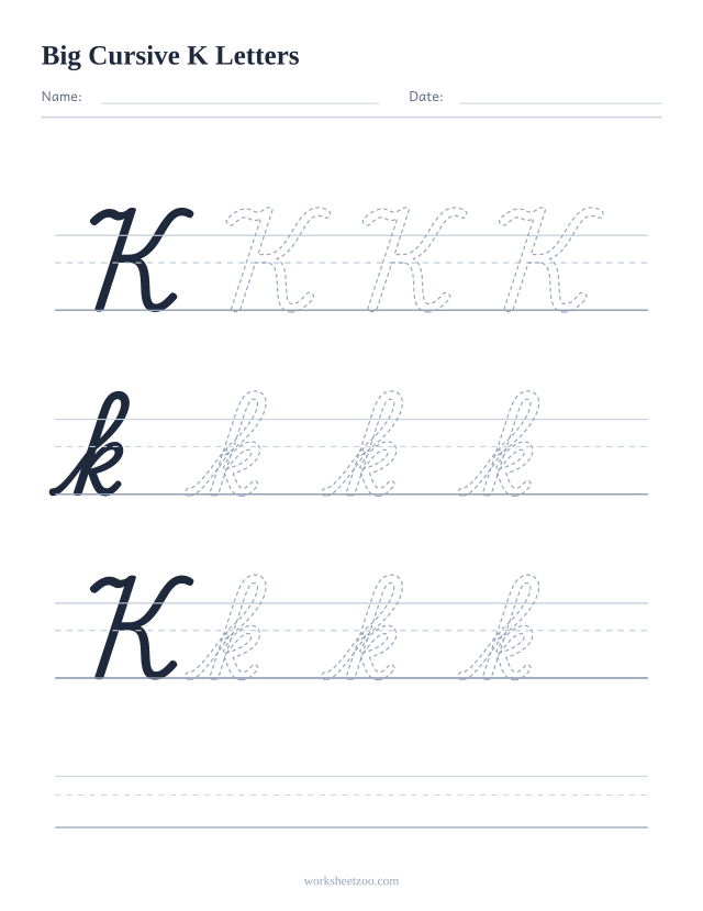 Big cursive letter K worksheet with extra-large tracing practice