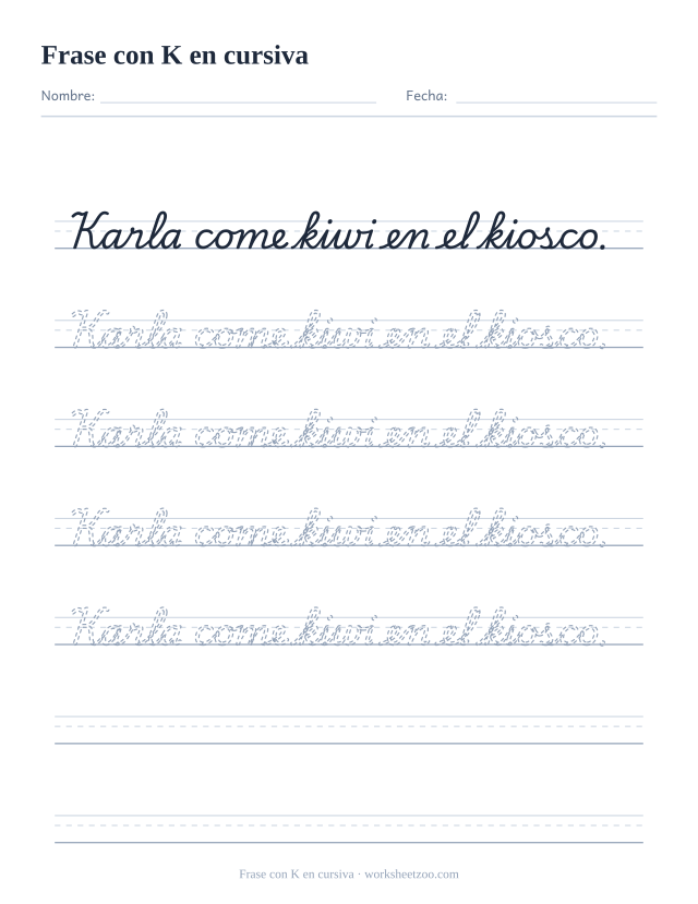 Ficha de frase con la K en cursiva: Karla come kiwi en el kiosco.