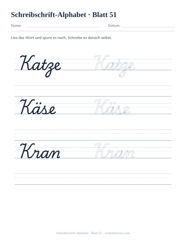 Vorschau: Schreibschrift-Alphabet, druckbares Arbeitsblatt 51