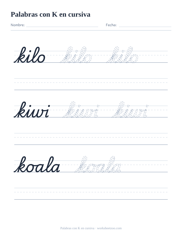 Ficha de palabras con la K en cursiva: kilo, kiwi, koala