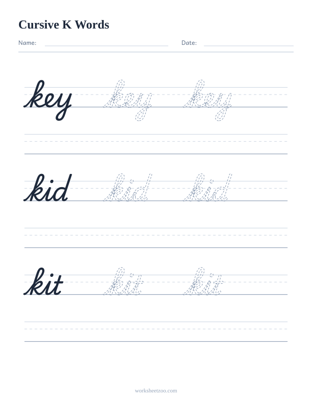 Cursive K words worksheet — trace key, kid, kit in cursive