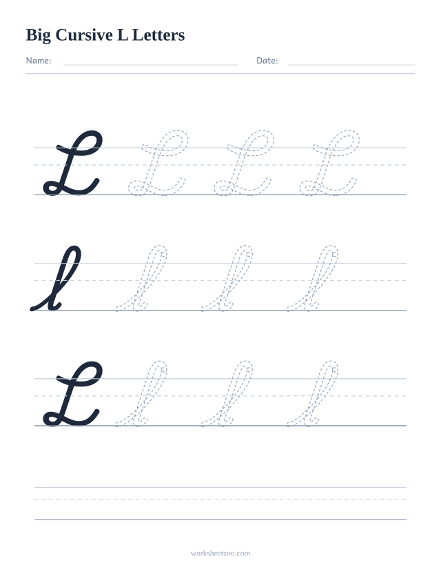 Big cursive letter L worksheet with extra-large tracing practice