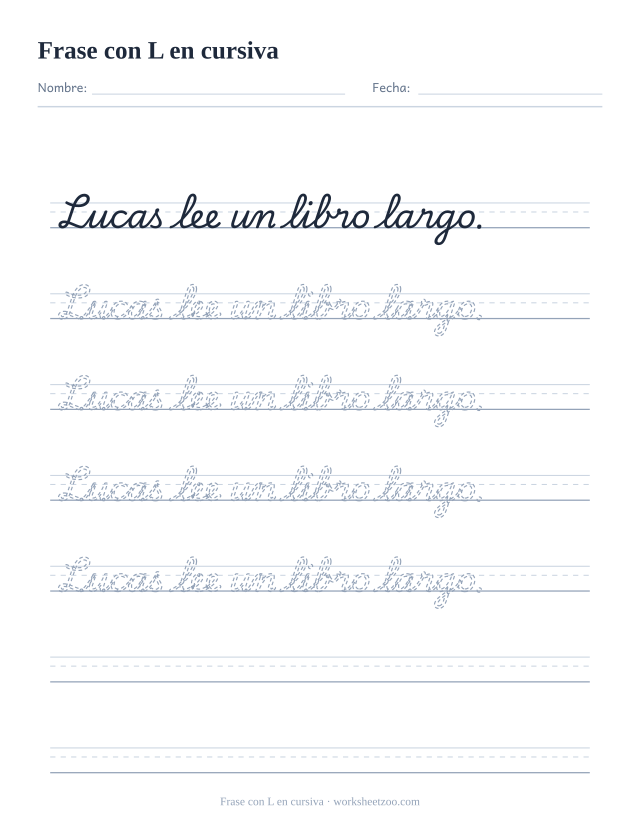 Ficha de frase con la L en cursiva: Lucas lee un libro largo.
