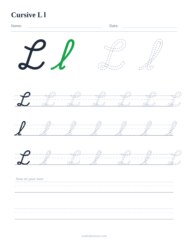 Cursive letter L worksheet — uppercase and lowercase practice on handwriting guides