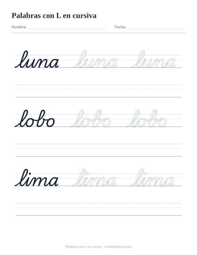 Ficha de palabras con la L en cursiva: luna, lobo, lima