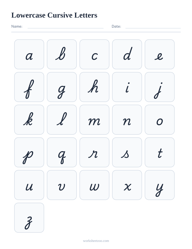 Lowercase cursive alphabet chart from a to z