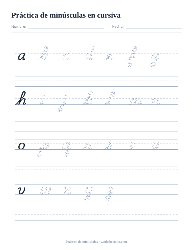 Ficha de práctica de minúsculas en cursiva con letras punteadas y renglones libres