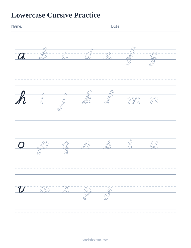 Lowercase cursive practice worksheet with dashed letters and free rows