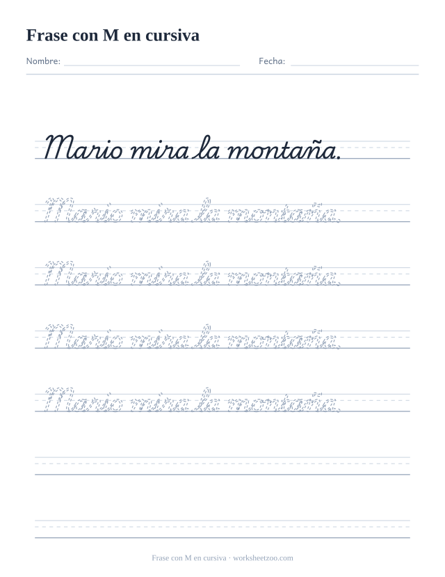 Ficha de frase con la M en cursiva: Mario mira la montaña.