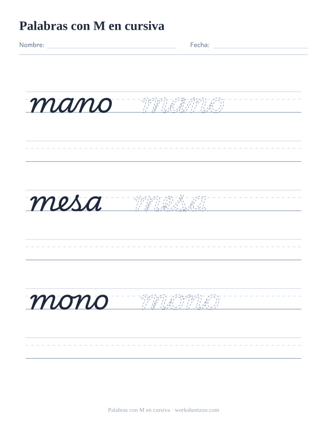 Ficha de palabras con la M en cursiva: mano, mesa, mono
