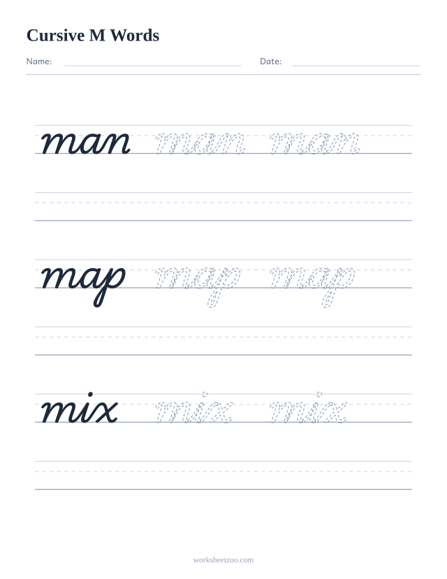 Cursive M words worksheet — trace man, map, mix in cursive