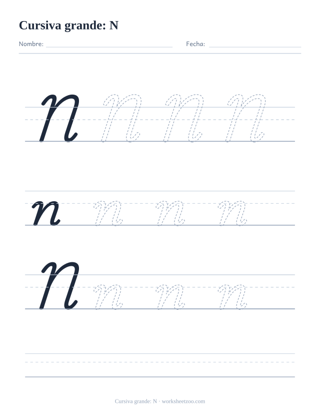 Ficha de la letra N en cursiva en tamaño extragrande para trazar