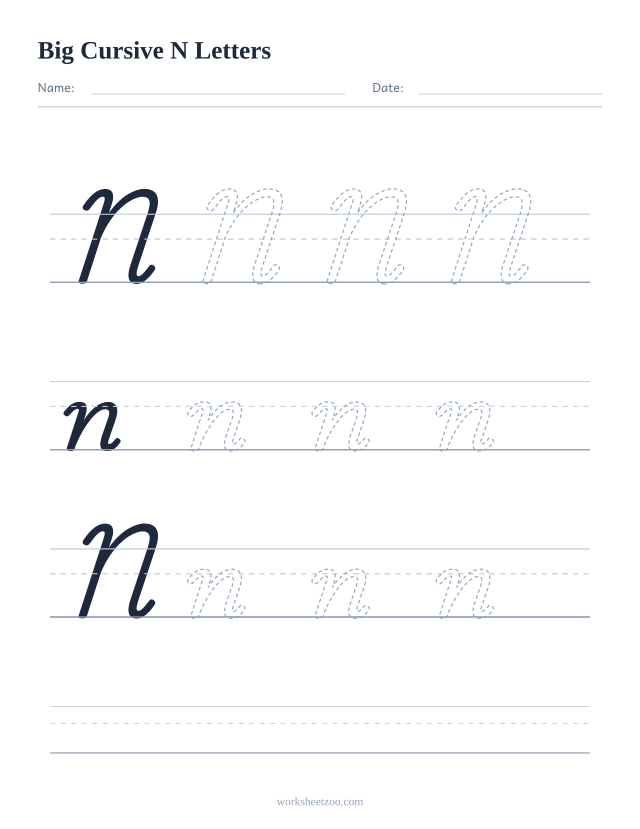 Big cursive letter N worksheet with extra-large tracing practice