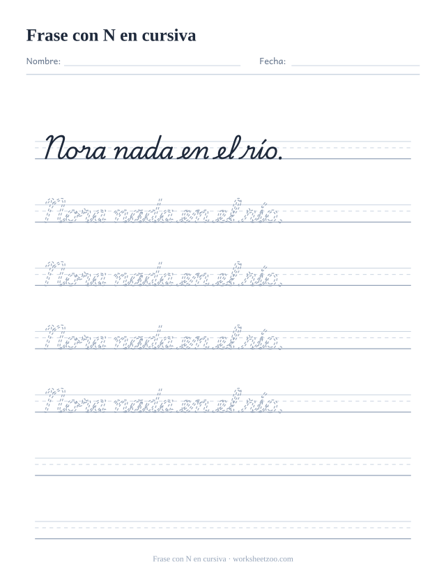 Ficha de frase con la N en cursiva: Nora nada en el río.