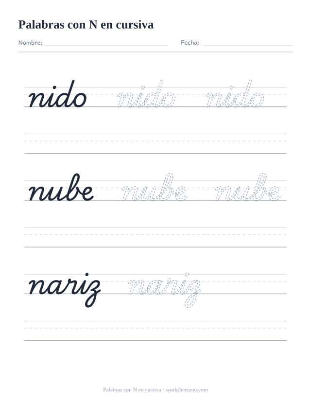 Ficha de palabras con la N en cursiva: nido, nube, nariz