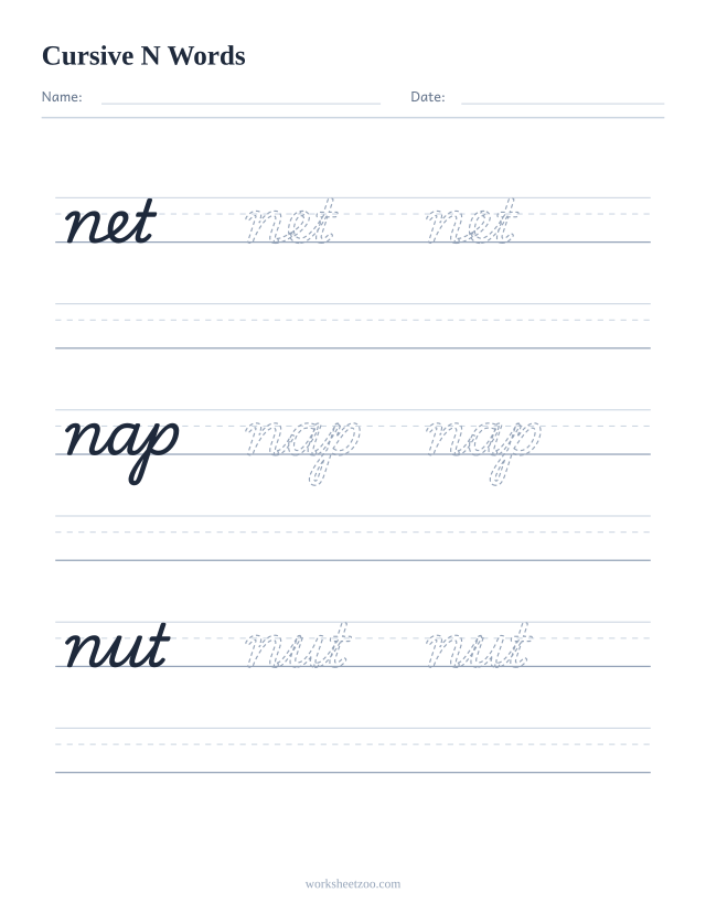 Cursive N words worksheet — trace net, nap, nut in cursive