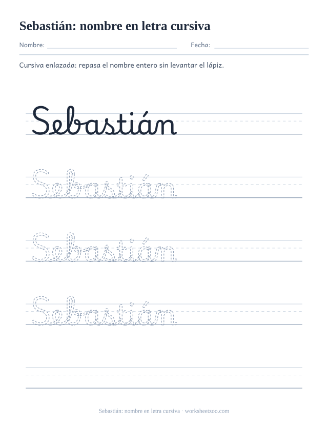 Ficha para trazar el nombre Sebastián en letra cursiva escolar enlazada