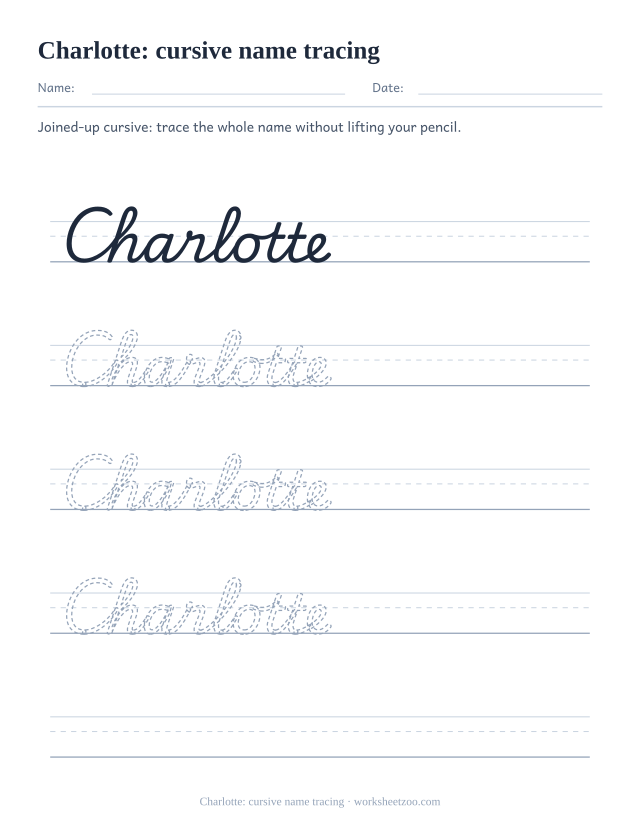 Cursive name tracing worksheet with Charlotte written in joined-up school cursive