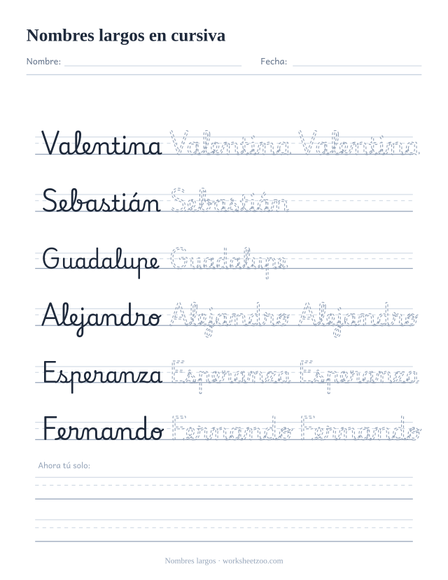 Ficha de nombres largos en cursiva: Valentina, Sebastián, Guadalupe, Alejandro, Esperanza y Fernando