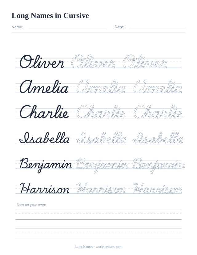 Cursive names worksheet, trace the longer names Oliver, Amelia, Charlie, Isabella, Benjamin and Harrison