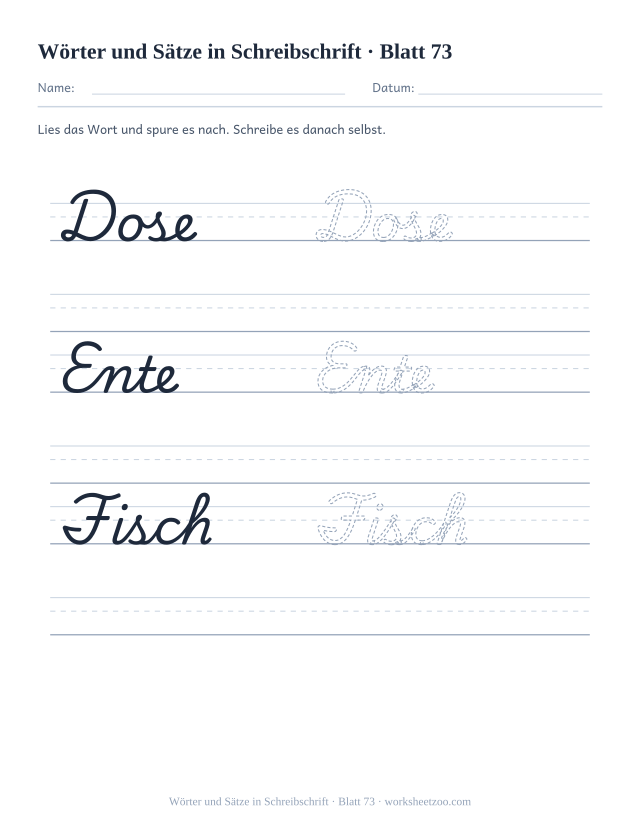 Vorschau: Wörter und Sätze in Schreibschrift, druckbares Arbeitsblatt 73
