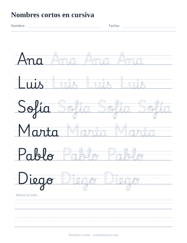 Ficha de nombres cortos en cursiva: Ana, Luis, Sofía, Marta, Pablo y Diego