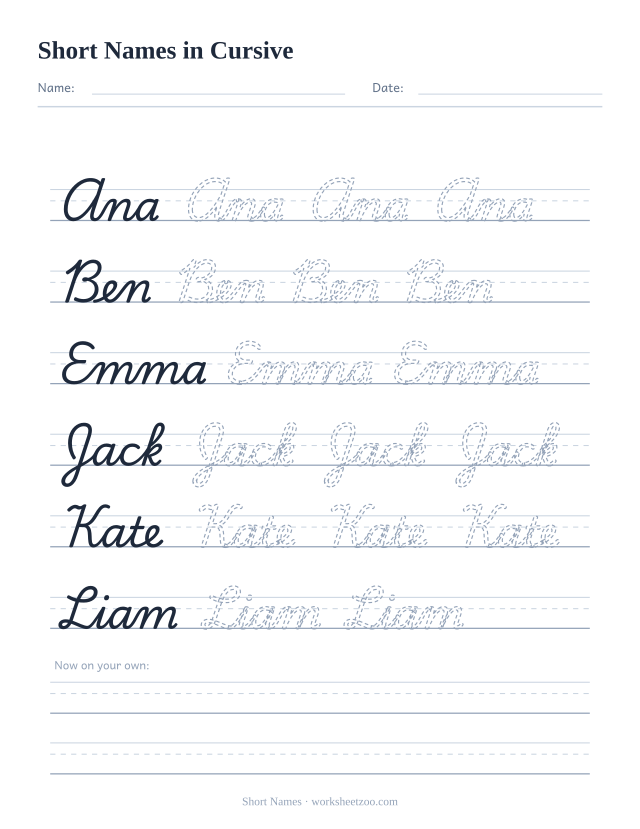 Cursive names worksheet, trace the short first names Ana, Ben, Emma, Jack, Kate and Liam