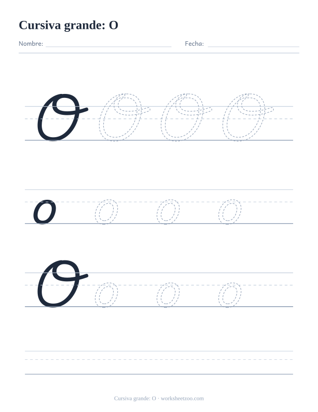 Ficha de la letra O en cursiva en tamaño extragrande para trazar
