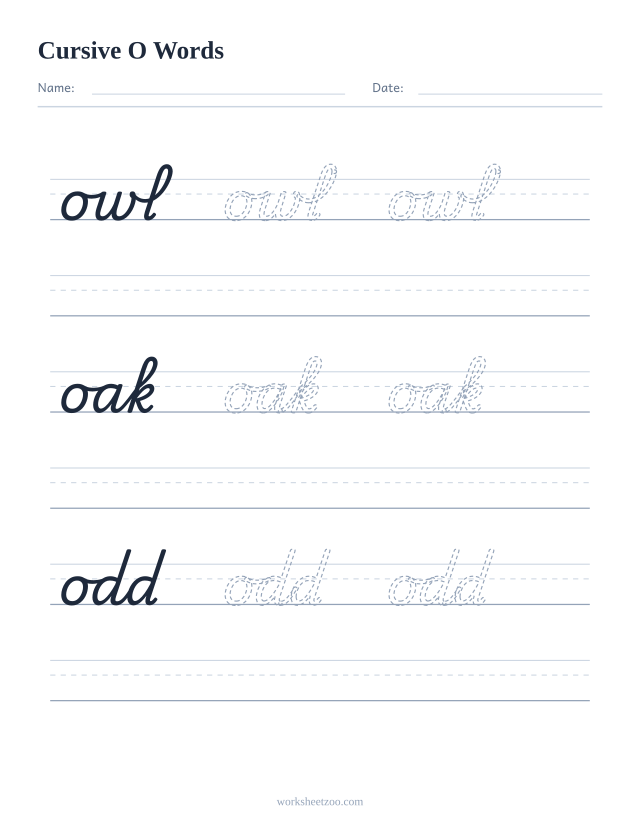Cursive O words worksheet — trace owl, oak, odd in cursive