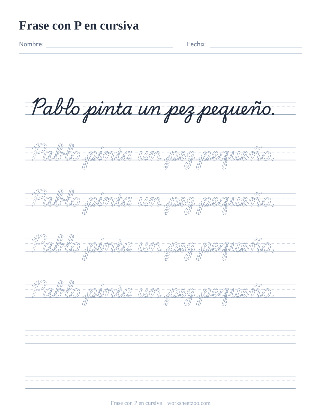 Ficha de frase con la P en cursiva: Pablo pinta un pez pequeño.