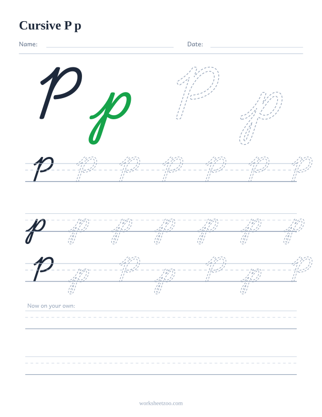 Cursive letter P worksheet — uppercase and lowercase practice on handwriting guides