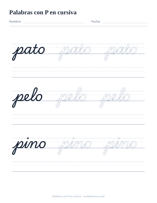 Ficha de palabras con la P en cursiva: pato, pelo, pino