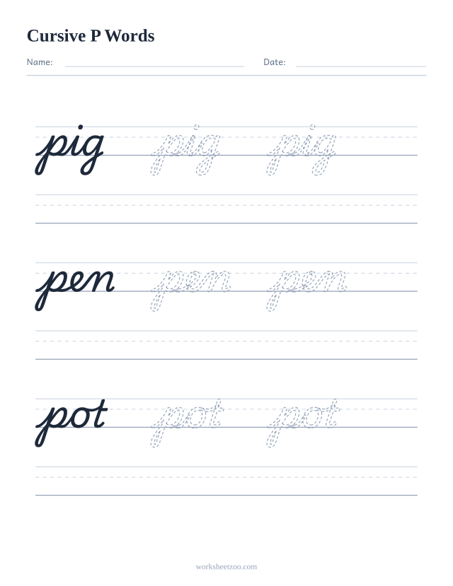 Cursive P words worksheet — trace pig, pen, pot in cursive