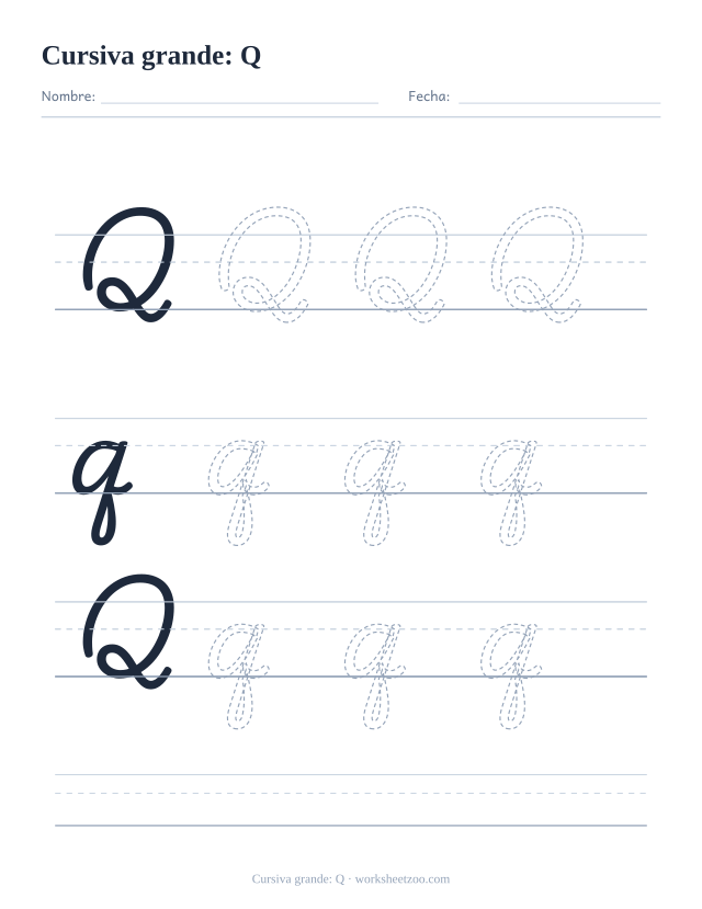 Ficha de la letra Q en cursiva en tamaño extragrande para trazar