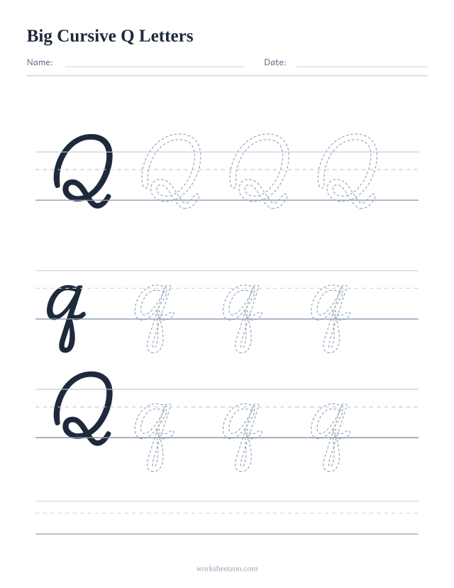 Ficha de la letra Q en cursiva en tamaño extragrande para trazar