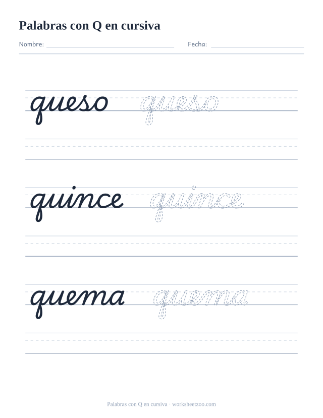 Ficha de palabras con la Q en cursiva: queso, quince, quema