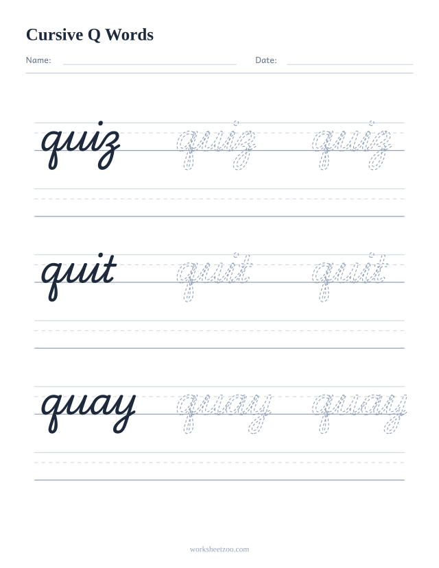 Ficha de palabras con la Q en cursiva: quiz, quit, quay