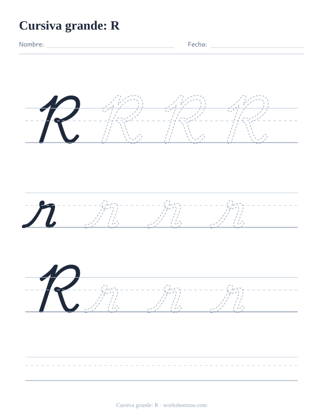 Ficha de la letra R en cursiva en tamaño extragrande para trazar