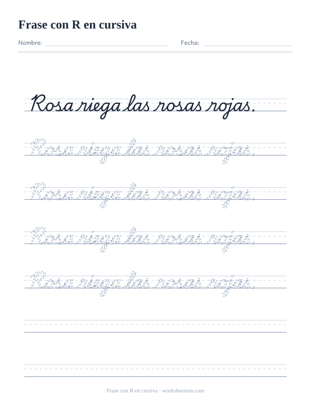 Ficha de frase con la R en cursiva: Rosa riega las rosas rojas.