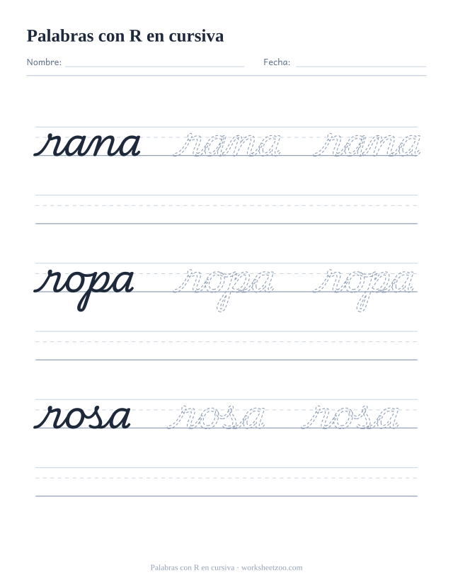 Ficha de palabras con la R en cursiva: rana, ropa, rosa